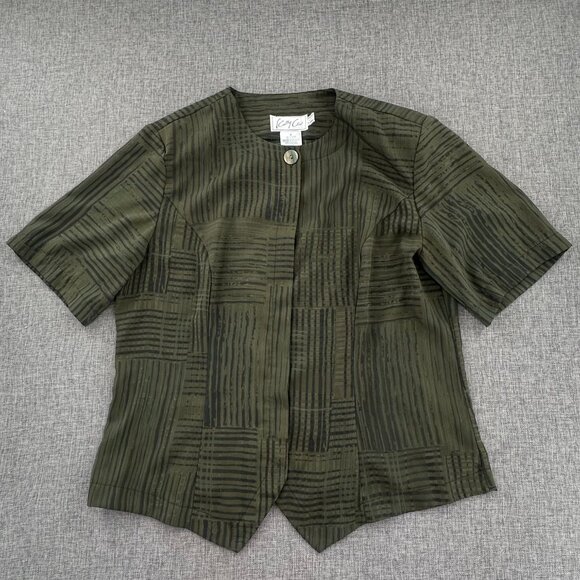 Vintage Kathy Che‎ Button Blouse olive Green Lightweight Shoulder Pads Size 8 - Picture 1 of 10